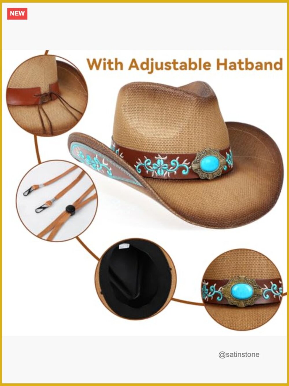 Straw Cowboy Hat with Shapeable Brim and Adjustable Fit - Picture 3 of 7